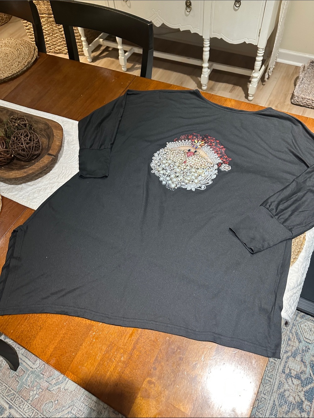 Assymetrical Black Long Sleeve Top with Embellished Santa Heart. Never worn!